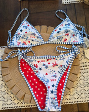 Women  s Reversible 2-Piece Triangle Bikini Red/White/Blue Stars Patriotic
