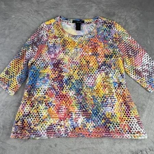 Ali Miles Shirt Womens Petite Medium Multicolor Mesh Overlay Tunic Top Abstract