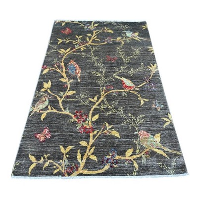 3'10''x5'10'' Charcoal Gray Sparrows on the Tree Hand Knotted Soft Wool Rug 22949