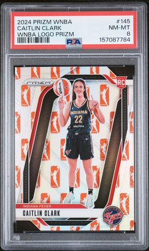 2024 PANINI PRIZM WNBA WNBA LOGO PRIZM #145 CAITLIN CLARK ROOKIE RC PSA 8