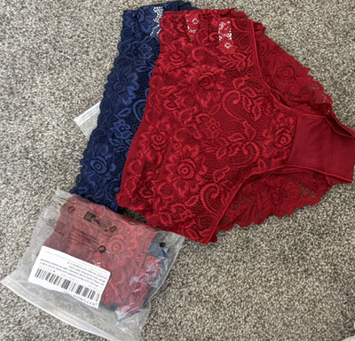 3 Pack High-Waisted Lace Floral Panties Red Navy Semi-Transparent Women's