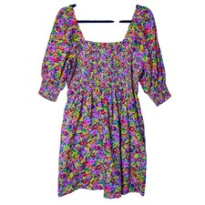 Rixo x Target Colorful Floral Smocked Puff Sleeve Square Neck Mini Dress Medium