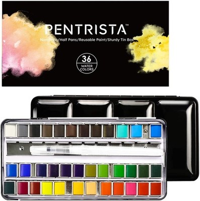 36 Color Solid Watercolor Paint Set Half Pans in Tin Box with Water Brush