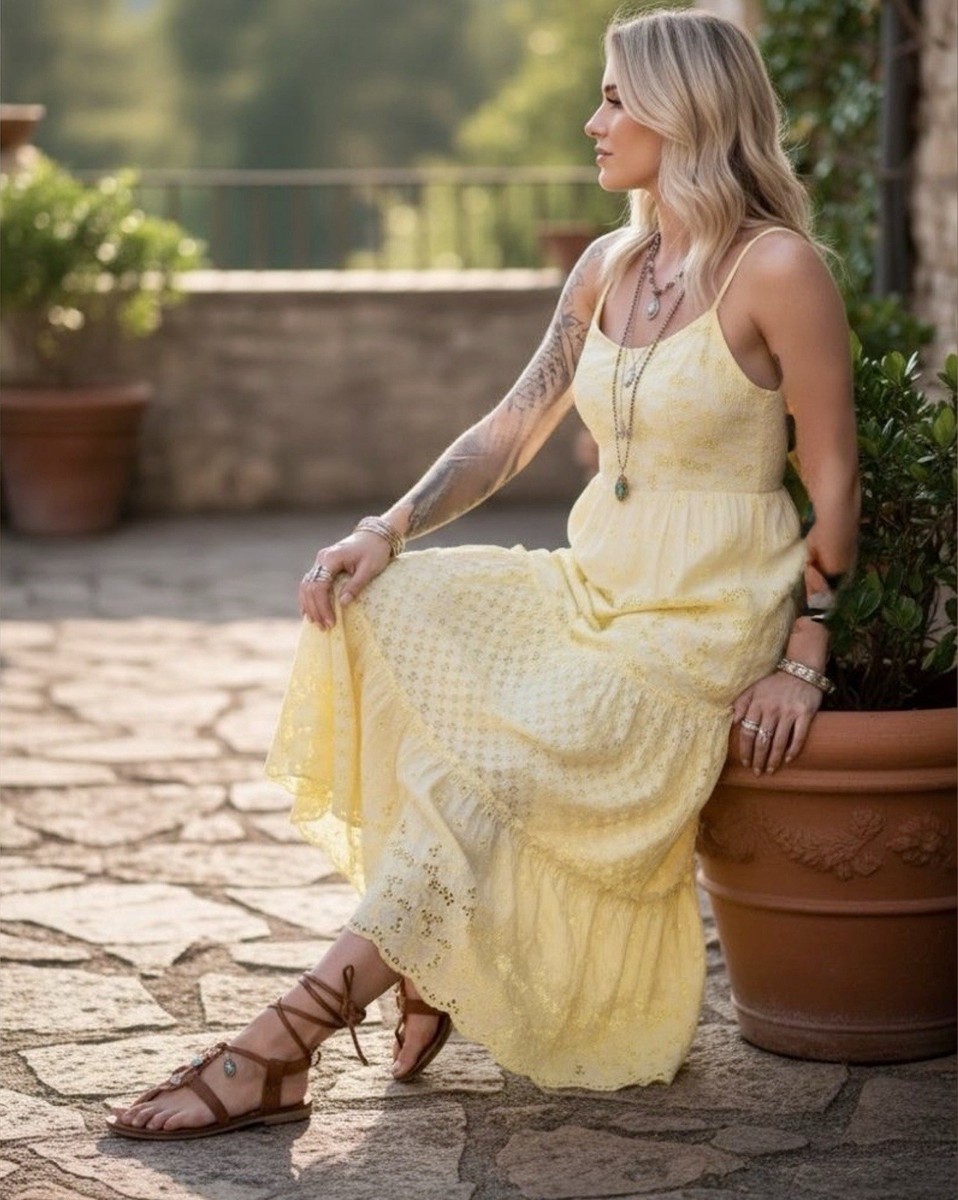 yellow eyelet maxi dress Eyelet pleated maxi dress Yellow / Orange For Women