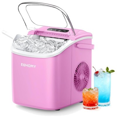 Portable Self-Cleaning Ice Maker Machine - 26lbs Capacity, Ready in 6 Mins, Pink