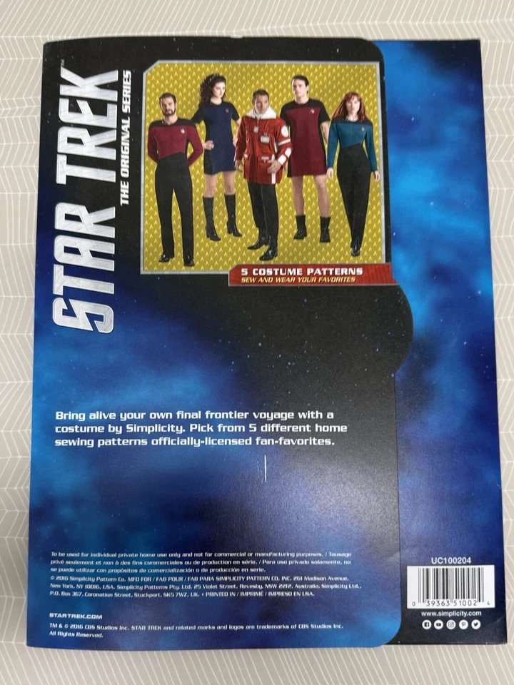 Simplicity Pattern 100201 XS-XL Star Trek Unisex Tops Shirts Costume Cosplay - Image 2 of 3
