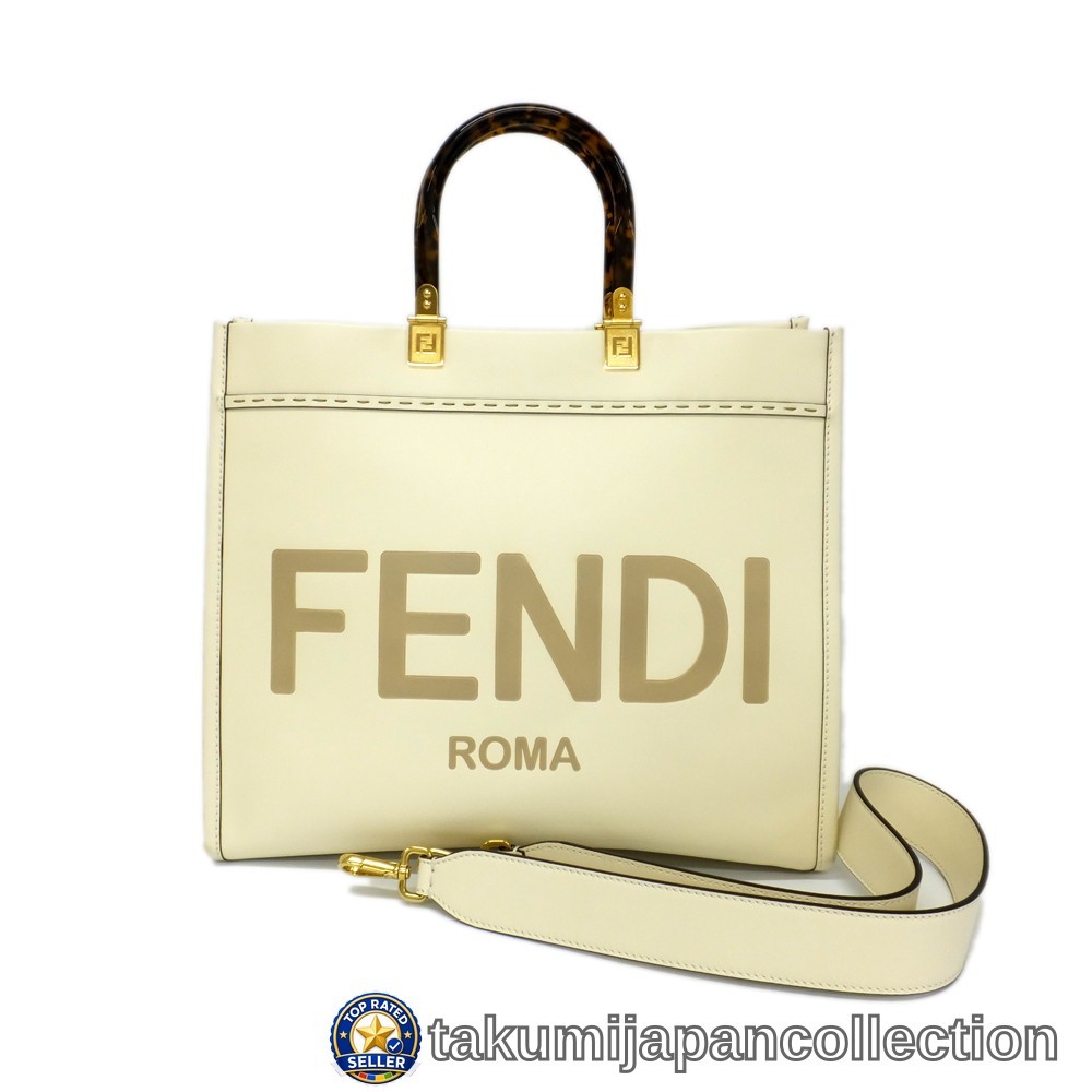 FENDI Sunshine Medium Tote Bag White Beige Leather Tortoiseshell Handle #M-4501