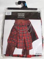 Punk Mini Skirt Red Plaid Pleated w/Chain Halloween CostumeCosplay Women's L/XL