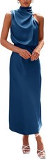 Summer Satin Dress Elegant Sleeveless Mock Neck Cocktail Party Maxi Dresses