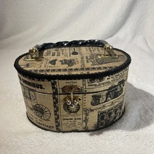 Vtg Look Wooden Box Purse Oval Travel Methods Theme Handbag Beige Black