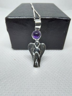 Sterling Silber und Amethyst Schutzengel Anhänger / Halskette 925