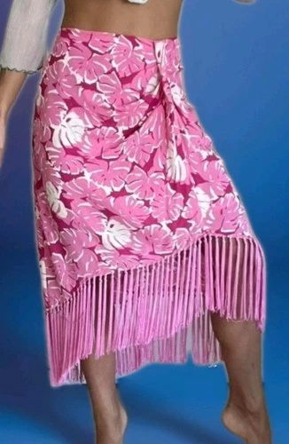 MICHAEL KORS 100% Silk Pink White Tropical Roses Fringe Skirt Size 12