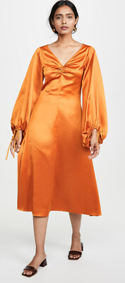 STAUD Sofia Long Balloon Sleeve Orange Satin Midi Dress size 0 | eBay
