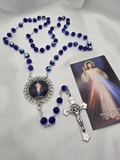Divine Mercy Blue Crystal Rosary Handmade Catholic Gift ~St Faustina