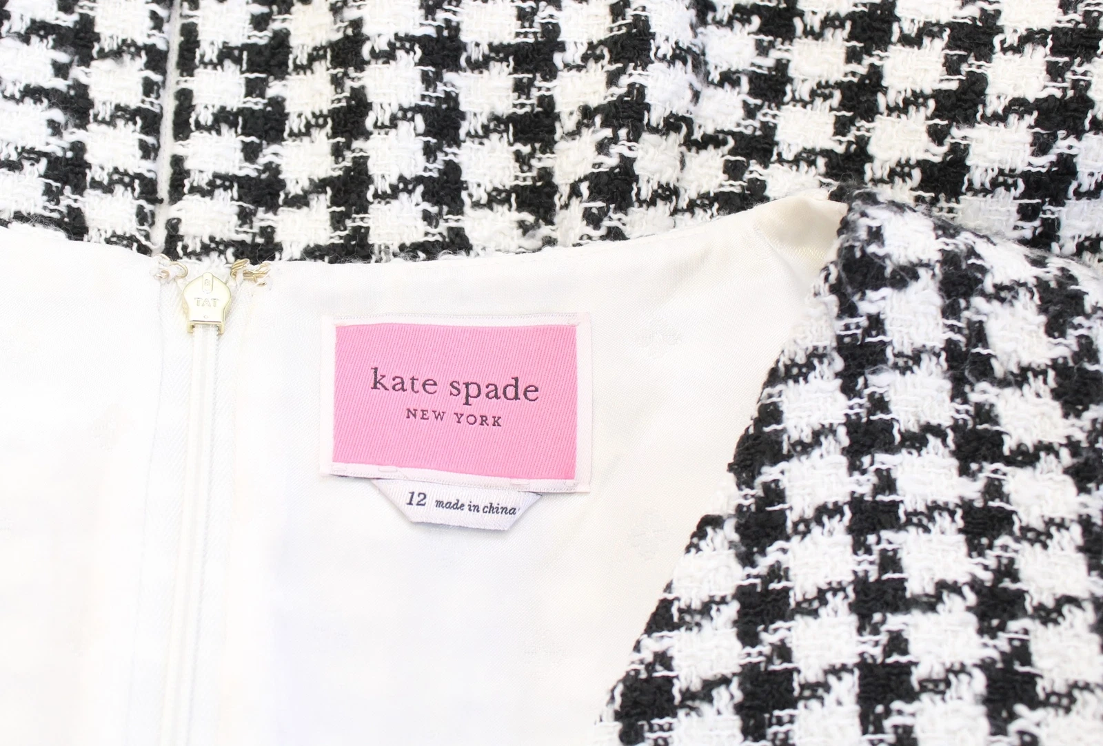 Mini abito Kate Spade nero bianco pied de poule tweed frange fiocco linea A taglia 12