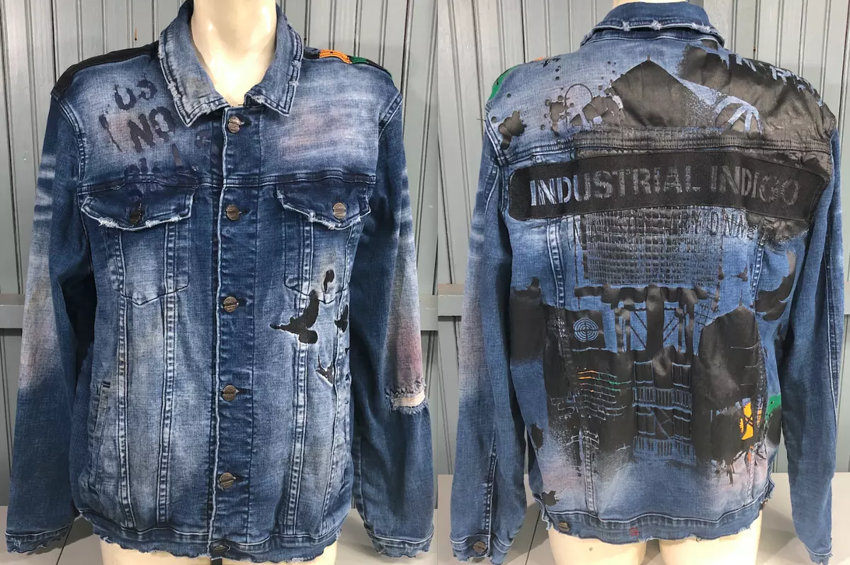 Industrial Indigo Blue Denim Mens XL Stretch Distressed Graphic