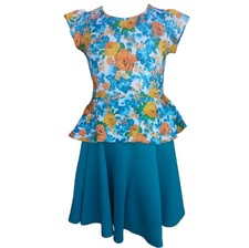 Girls Fancy 2 Piece Set 1474-TEL- Floral Top Teal Skirt Sizes 2 to 14