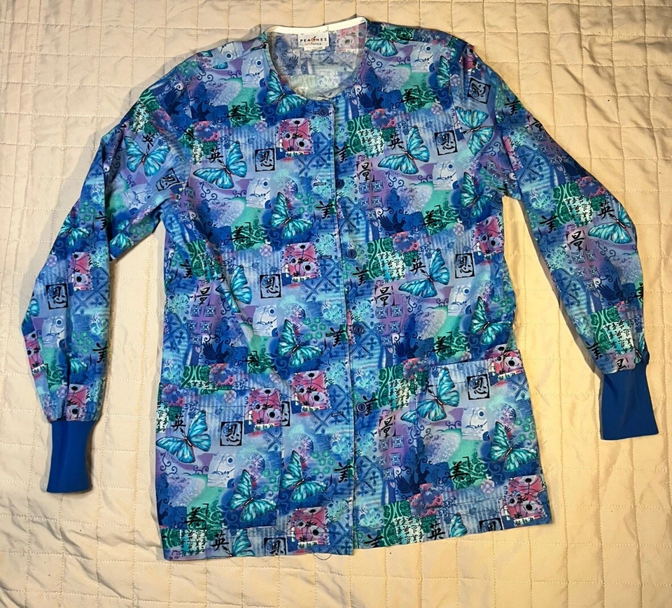Scrub Jacket Peaches Medium NWOT Butterflies, turquoise, pink, and purple - Image 2 of 4