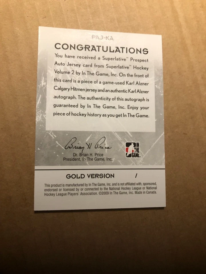 2009-10 ITG Superlative Prospect Jerseys Autographs Gold #PAJKA Karl Alzner/10 - Image 2 of 2