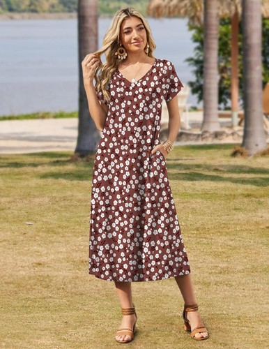 Summer Floral V-Neck Maxi Dress Short Sleeve Casual Beach Dress with Pockets - Picture 58 of 109