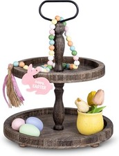 Rustic Wooden 2 Tiered Tray, Round Farmhouse Kitchen Table Decor Serving Tier