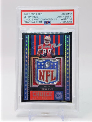 JERRY RICE 2022 ENCASED CHOICE NFL SHIELD PATCH DIAMOND AUTO 1/1 PSA Q5775