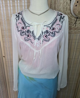 Romantic Poet Sheer Sleeve Cream/Ivory Embroidered Floral Blouse, Flowy V-Neck