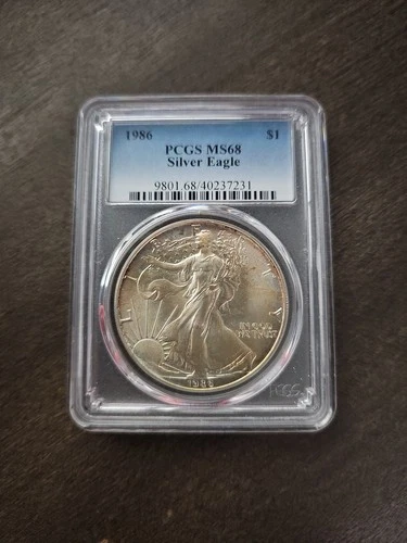 1986 Graded Silver American Eagle Slightly Toned Obverse MS-68 PCGS - 1oz Coin