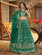 New Rama Green Dola Silk Jacquard Lehenga Choli And Dupatta For Indian Reception
