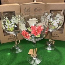 Set of 3 Hand Painted Gin Balloon Glasses -3 Floral Designs - Boxed Mothers Gift