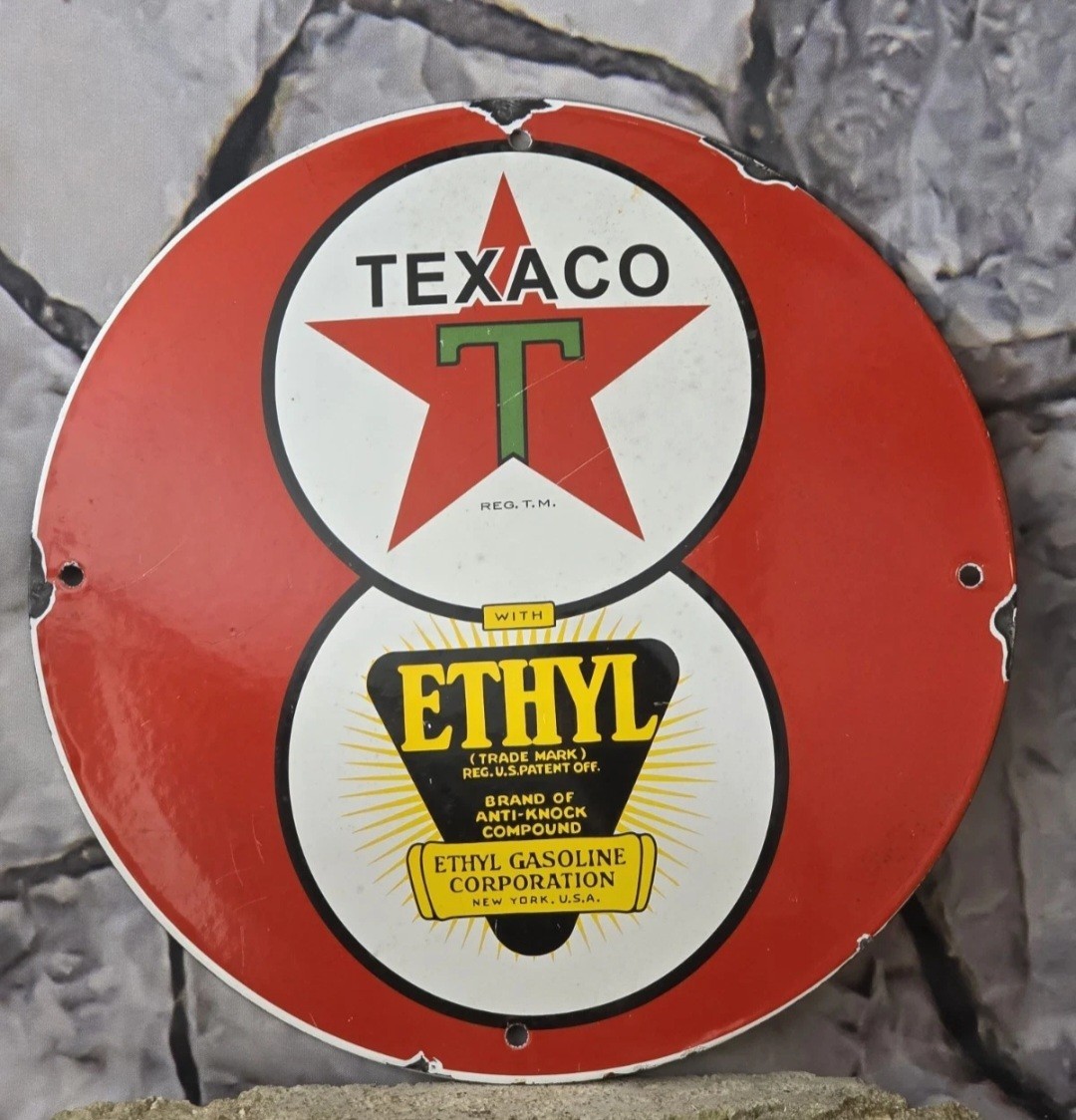 VINTAGE TEXACO WITH ETHYL GASOLINE PORCELAIN GAS STATION PUMP SIGN 12 ...