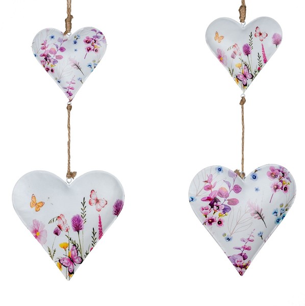 2Er Set DekohäNger Herzen Wildblumen L. 36Cm Weiß Bunt Metall Formano F25-image