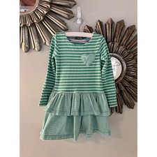 Mini Boden Girls Green White Striped Heart Tiered Cotton Dress 4-5Y 110cm