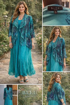 B.L.E.U. Woman Teal Ensemble   Crinkle Dress & Sheer Overlay Jacket Size 2X