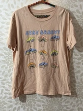 Grayson Threads Women’s L Beige Stay Groovy Mushroom Hippie Boho Tee T Shirt