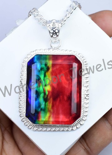 31Gm Natural Ammolite Gemstone 925 Sterling Silver Pendant With Chain Certified - Picture 2 of 10