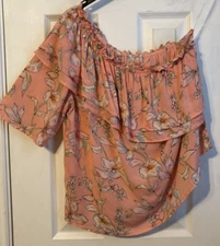 A New Day Coral Ruffle Tropical Floral One Shoulder Blouse Size S NWT