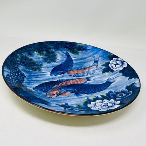 Japanese Koi Fish Goldfish Ceramic Plate Blue Orange Large Made in Japan 12.5 In - Picture 2 of 12
