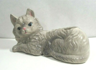  MID CENTURY VINTAGE '50'S ''CAT'' PLANTER, RESTING POSITION HANDPAINTED DETAILS