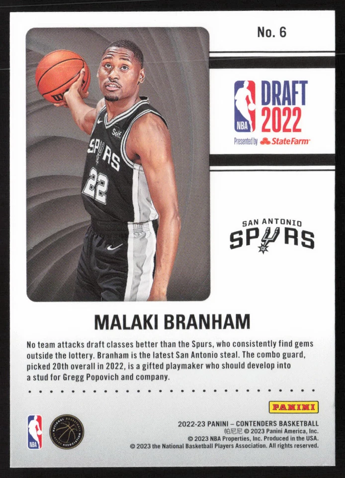2022-23 Panini Contenders 2022 Draft Class Contenders Malaki Branham #6 Spurs - Image 2 of 2