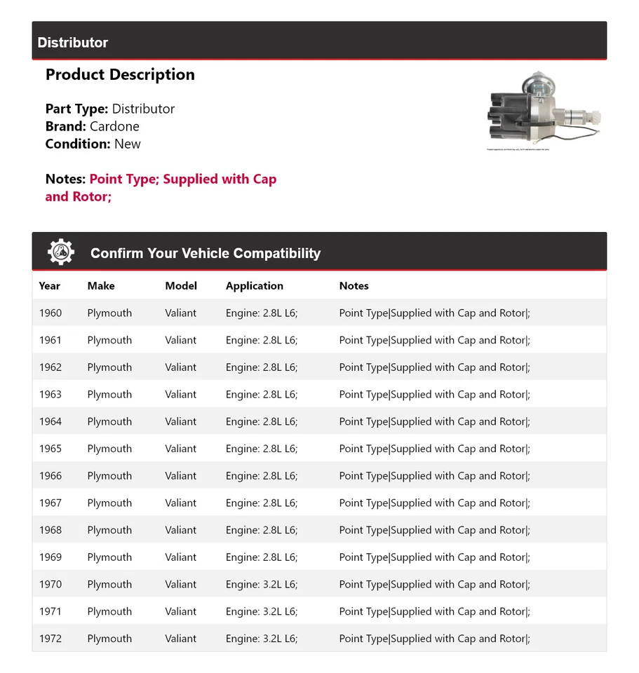 Для 1960-1972 Plymouth Valiant дистрибьютор Cardone 1961 1962 1963 1964 1965 1966 - Изображение 2 из 4