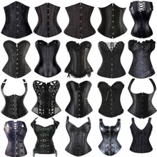 WOMEN BLACK PUNK BONED WAIST CINCHER CORSET TOP OVERBUST LACE UP BUSTIER SHAPER