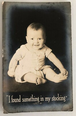 RPPC Rochester Photo Press # 27 Postcard Smiling Baby Sitting Up Found Sock Cute