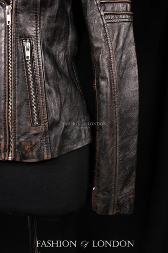 Ladies JENNER Biker Fitted Jacket Black Washed Vintage Look Soft Leather Jacket - Picture 10 of 13