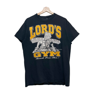 Vintage 90s Lords Gym Navy T-shirt Size L Jesus Push Ups Made in 