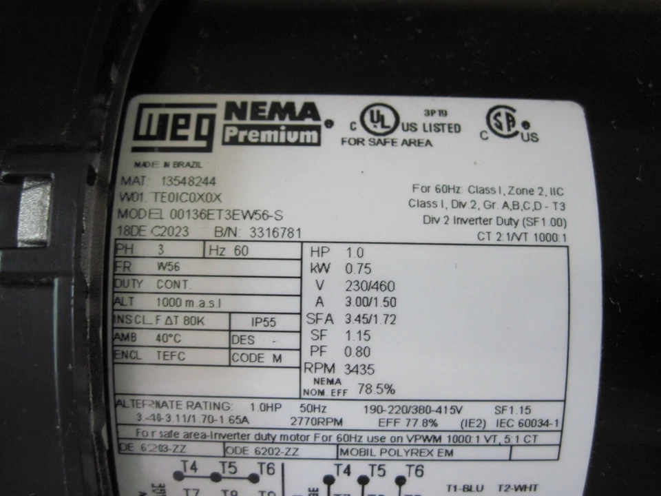 WEG 00136ET3EW56-S Premium Motor, 1 HP, 3435 RPM, 230/460V, 3 Ph, W56, 13548244 - Image 2 of 4