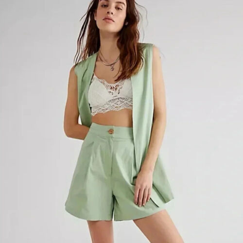 NWT Free People Erin Poplin Vest Shorts Set Two Piece High Rise in Green Sz XS