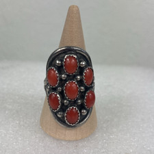Vintage Sterling Silver 7 Red Coral Cluster Ring Signed L 1.25" Oval Southwest