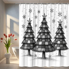 Christmas Shower Curtain with Snowflakes and Trees Design
