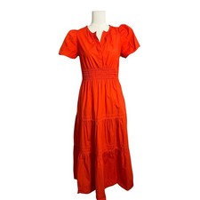 Quince Organic Cotton Tiered Maxi Dress Vermilion Red Puff Sleeve Small